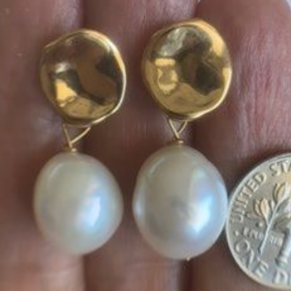 White Cultured Pearl Stud Earrings 14K Gold Plated - Picture 4 of 7
